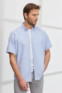 ALTINYILDIZ CLASSICS Men's Blue Comfort Fit Wide Casual Fit Buttoned Collar Dobby Short Sleeve Shirt