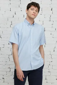 ALTINYILDIZ CLASSICS Men's Light Blue Comfort Fit Relaxed Cut Button Collar Checked Short Sleeve Shirt