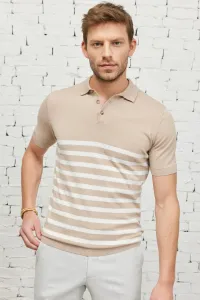 ALTINYILDIZ CLASSICS Men's Mink-ecru Standard Fit Regular Cut Polo Neck 100% Cotton Short Sleeves Striped Knitwear T-Shirt