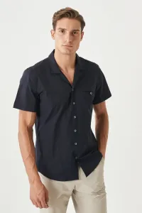 ALTINYILDIZ CLASSICS Men's Navy Blue Slim Fit Slim Fit Mono Collar Short Sleeved Casual Shirt