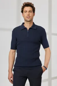 ALTINYILDIZ CLASSICS Men's Navy Blue Standard Fit Normal Cut Polo Collar 100% Cotton Short Sleeved Jacquard Knitwear T-Shirt