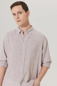 ALTINYILDIZ CLASSICS Men's White-beige Comfort Fit Comfortable Cut Buttoned Collar Striped Linen Shirt