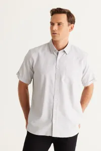 ALTINYILDIZ CLASSICS Men's White-Black Comfort Fit Wide Cut Buttoned Collar Pocket Dobby Shirt