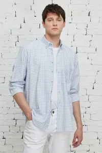 ALTINYILDIZ CLASSICS Men's White-blue Comfort Fit Relaxed Cut Buttoned Collar Cotton Checkered Shirt