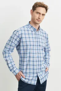 ALTINYILDIZ CLASSICS Men's White-blue Comfort Fit Relaxed Cut Buttoned Collar Checkered Shirt