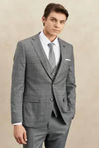 ALTINYILDIZ CLASSICS Men's Gray Slim Fit Slim Fit Mono Collar Checkered Vest Classic Suit