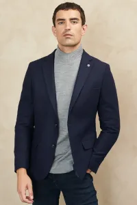ALTINYILDIZ CLASSICS Men's Navy Blue Slim Fit Narrow Cut Mono Collar Diagonal Patterned Woolen Jacket #8891005