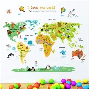Samolepiaca detská mapa sveta so zvieratkami #9302996