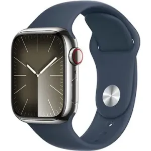 Apple Watch Series 9 41 mm Cellular Strieborný nerez s búrkovo modrým športovým remienkom – M/L