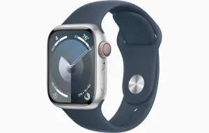 Apple Watch Series 9 41 mm Cellular Strieborný hliník s búrkovo modrým športovým remienkom – M/L