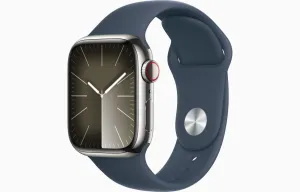 Apple Watch Series 9 45 mm Cellular Strieborný nerez s búrkovo modrým športovým remienkom – S/M