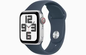 Apple Watch SE Cellular 40 mm Strieborný hliník s búrkovo modrým športovým remienkom – M/L