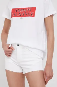 Rifľové krátke nohavice Armani Exchange dámske, biela farba, jednofarebné, stredne vysoký pás #238866