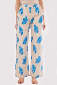 armonika Women's Blue Ena Trousers Elastic Waist Pocket Detailed Linen Look Wide Leg