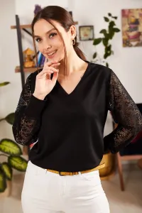 armonika Women's Black V-Neck Tulle Sleeves Blouse