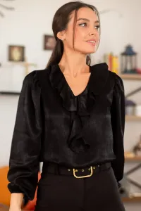 armonika Women's Black Frilled Collar Shoulder Gathered Sleeve Elastic Cotton Satin Blouse