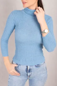 armonika Women's Baby Blue Neck Ribbed Knitwear Sweater
