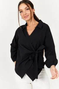 armonika Women's Black Collar Double Breasted Blouse