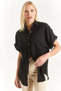 armonika Women's Black Linen Shirt with Double Pocket Detail with a yoke at the back