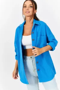 armonika Women's Blue Oversized Cuffed Shirt with Pocket