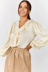 armonika Women's Cream Cotton Satin Blouse with Frilled Collar on the Shoulders and Elasticated Sleeves