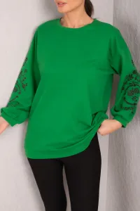 armonika Women's Dark Green Round Neck Embossed Sleeve Tunic