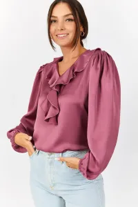 armonika Women's Dry Rose Collar Frilly Cotton Satin Blouse with Gathered Shoulders and Elasticated Sleeves