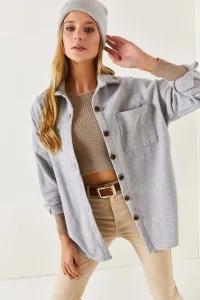 armonika Women's Gray Oversize Stitched Pocket Shirt