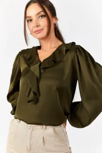 armonika Women's Khaki Cotton Satin Blouse with Frilly Collar Gathered Shoulders and Elasticated Sleeves