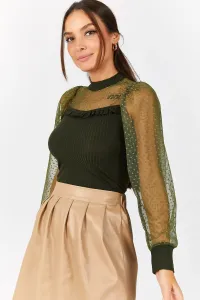 armonika Women's Khaki Sleeve And Top Laced Front Frilly Blouse
