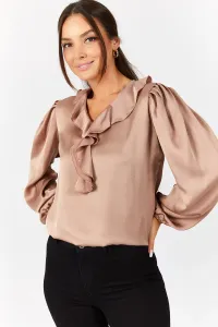 armonika Women's Mink Collar Ruffled Elastic Cotton Satin Blouse with Gatherings on the Shoulders and Elasticated Sleeves