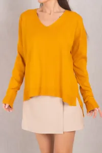 armonika Women's Mustard V-Neck Front Short Back Long Knitwear Sweater