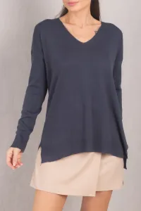 armonika Women's Navy Blue V-Neck Front Short Back Long Knitwear Sweater