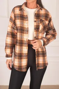 armonika Women's Orange Plaid Pattern Oversized Shirt with Pocket #8840203