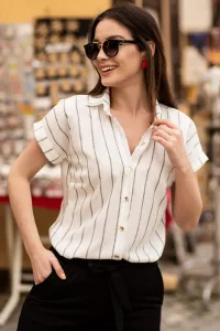 armonika Women's Smoked Linen Striped Short Sleeve Shirt