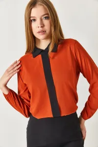 armonika Women's Tile Front Striped Shirt Collar Elastic Sleeve Elastic Blouse