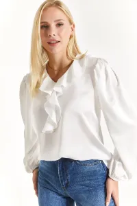 armonika Women's White Cotton Satin Blouse with Frills around the Shoulders and Elasticated Sleeves