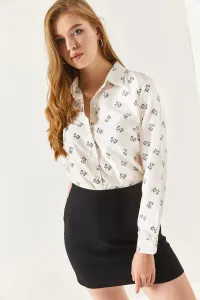 armonika Women's White Flower Pattern Long Sleeve Shirt