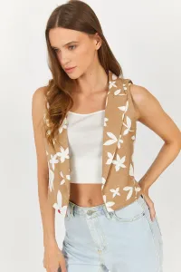 armonika Women's Beige Patterned Buttonless Crop Vest