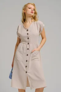 armonika Women's Beige Patterned V-Neck Buttoned Front Midi Length Dress