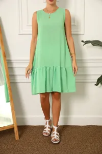 armonika Women's Light Green Linen Look Textured Sleeveless Dress with Frill Skirt