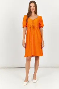 armonika Women's Orange Front Gathered Elastic Sleeve Midi Length Dress