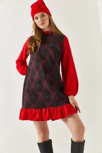 armonika Women's Red Patterned Dress with Frills around the Collar and Bottom