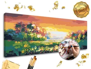 Maľovanie podľa čísel PREMIUM GOLD – Pestrofarebná krajina (Sada na maľovanie podľa čísel ARTMIE so zlatými plátkami) #1826442
