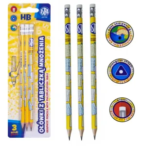 ASTRA - 3ks Obyčajná HB ceruzka s gumou a násobilkou, blister, 206121002