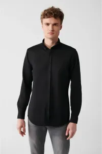 Avva Men's Black Easy-to-Iron Buttoned Collar Textured Knitted Slim Fit Slim Fit Shirt