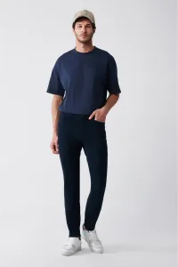 Avva Men's Navy Blue Dobby Flexible 5 Pockets Slim Fit Slim Fit Canvas Trousers