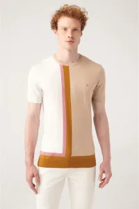 Avva Men's Beige Crew Neck Color Block Ribbed Regular Fit Knitwear T-shirt