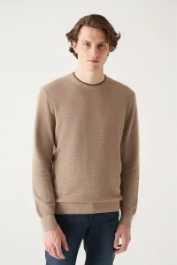 Avva Men's Beige Double Collar Detailed Textured Cotton Regular Fit Knitwear Sweater