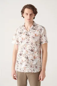 Avva Men's Beige Floral Printed Short Sleeve Cotton Shirt #9206692